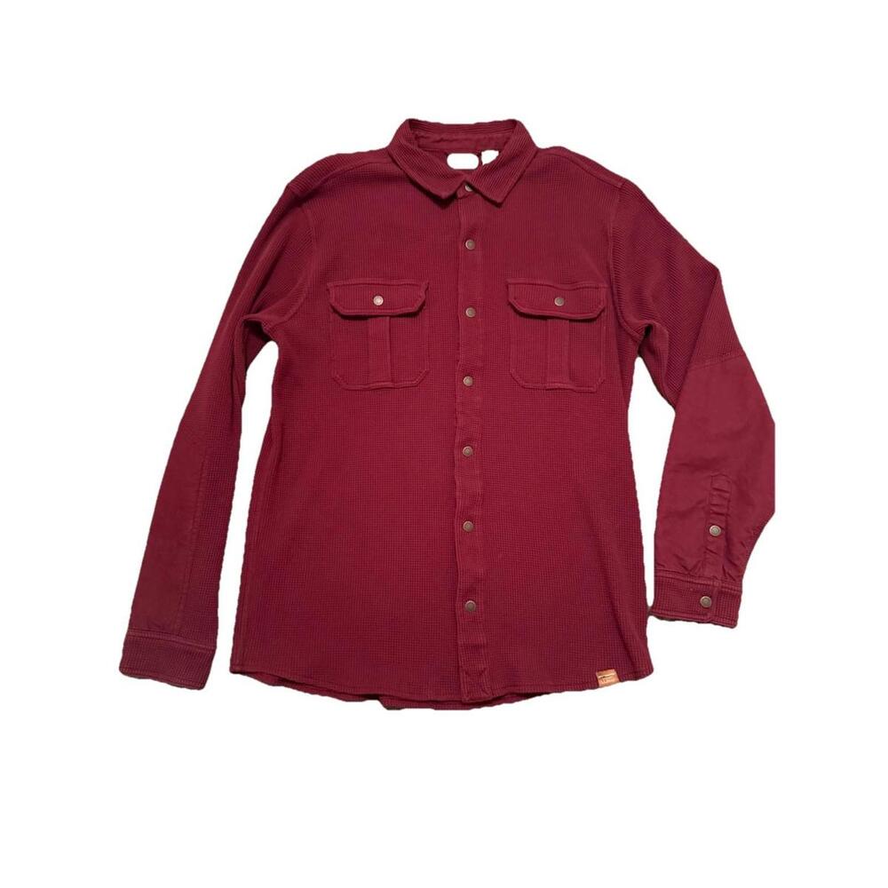 LL Bean Mens Maroon Waffle Knit shirt Flap Pocket Snap Buttons Medium TALL camp